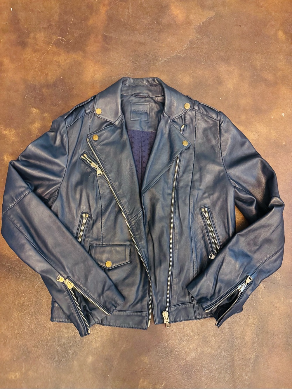 Kookai Jacket Womens 38 Navy Blue Lambskin Leather Moto Biker Asym Zip Epaulets